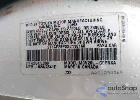 1999 Toyota Camry Solara Sle z USA, uszkodzony, nr VIN 2T1CF28P0XC118168